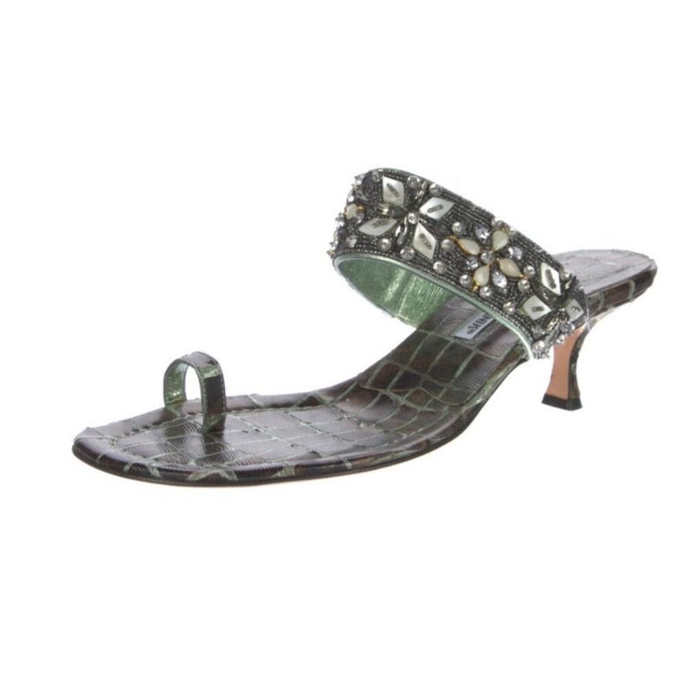 Manolo Blahnik Leather Crystal Embellishment Slides